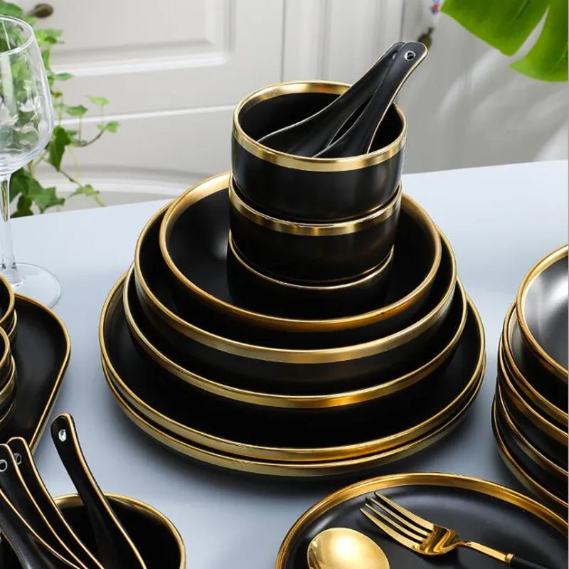 Axya Black Porcelain Dinner Plates Set - Kitchen Tableware Ceramics Bowl Tray Cutlery