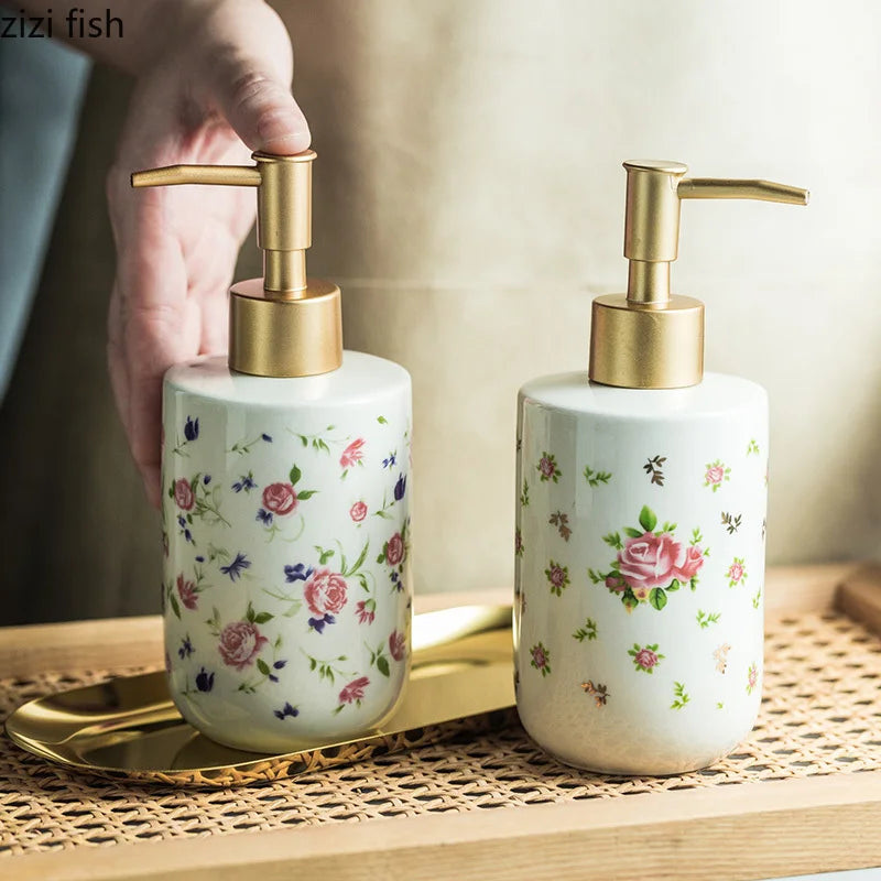 Axya Retro Rose Ceramic Soap Dispenser - Bathroom Shampoo Bottle