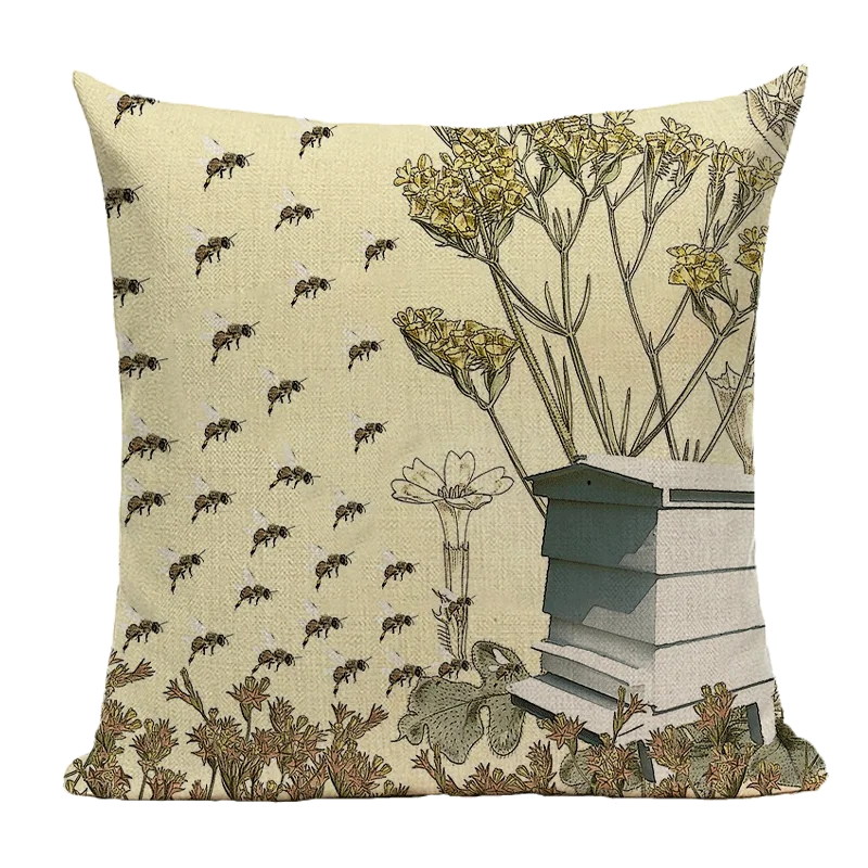 Axyaa Bee Pattern Linen Cushion Cover - Nordic Decorative Throw Pillow Case