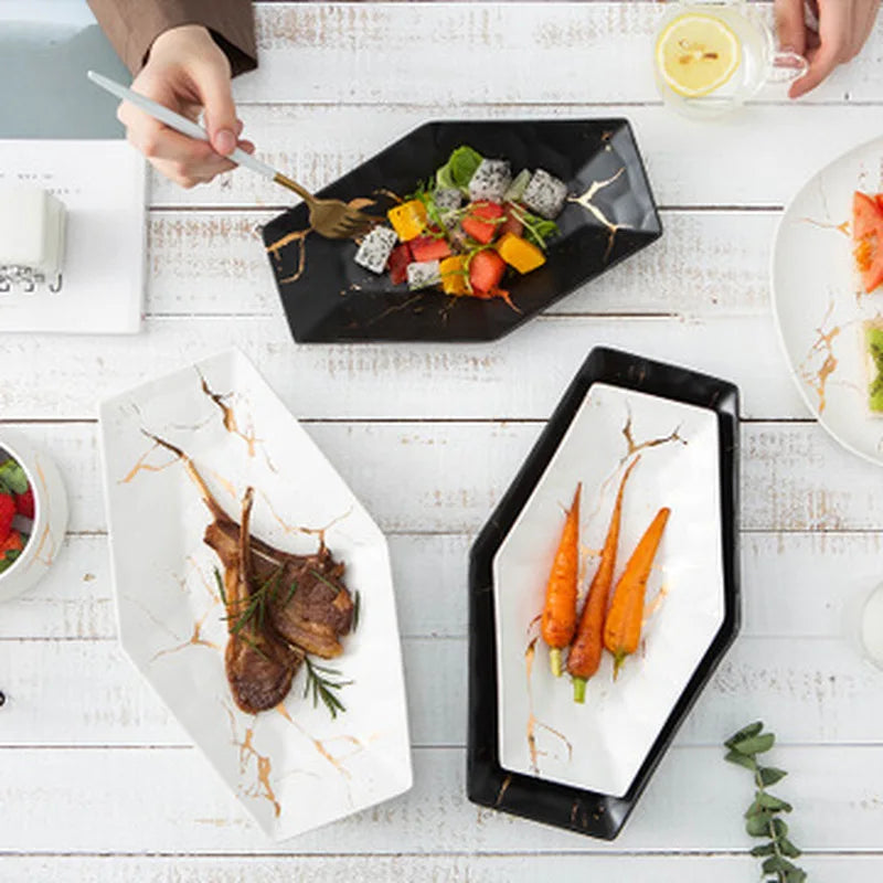 Axya Nordic Marble Pattern Gold Ceramic 6 Corner Plate Set - Black & White