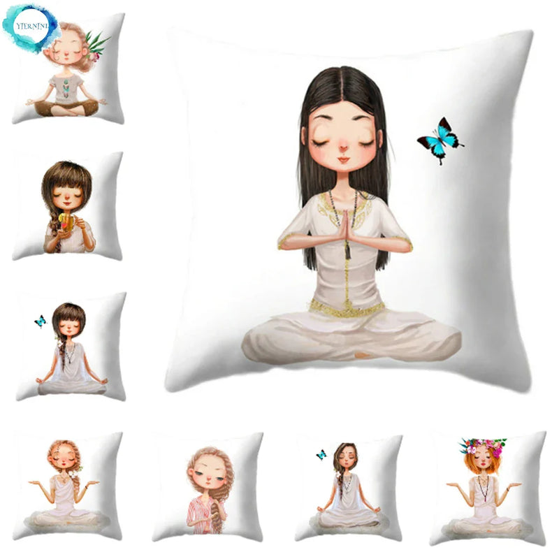 Axyaa Yoga Girl Printed Polyester Cushion Cover for Home Decor 45x45CM