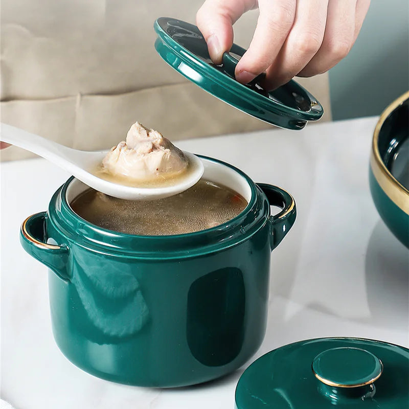 Axya 450/650ml Ceramic Stew Cup with Double-lid Handle, Green Phnom Penh Design