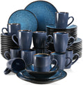 Axyaa Vintage Blue/Brown Stoneware Tableware Set: Plates, Bowls, Cups - 16/32/48 Pieces