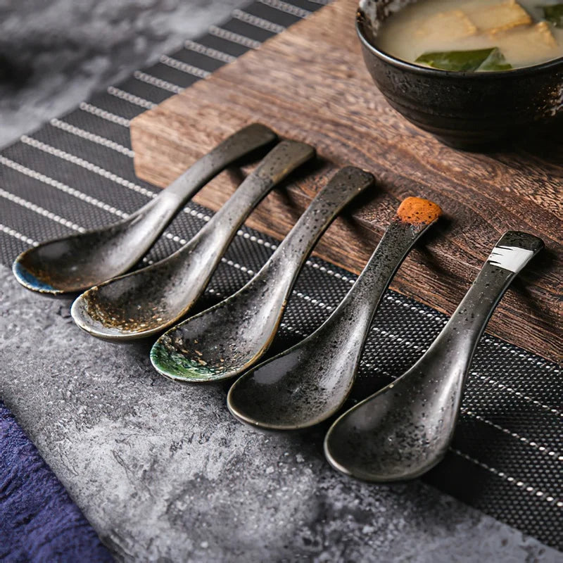Axya Japanese Retro Bone Ceramic Spoon, Green and Black Rice Scoop, 14.5*4.5cm