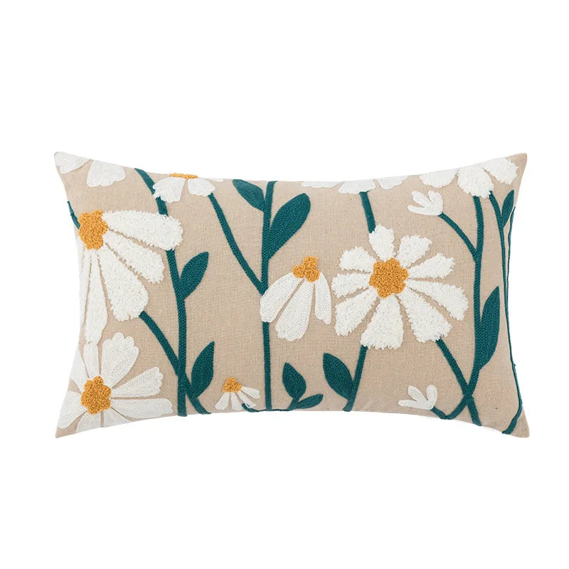 Daisy Floral Geometric Embroidery Pillow Cover 45x45cm Yellow Blue Soft Cozy