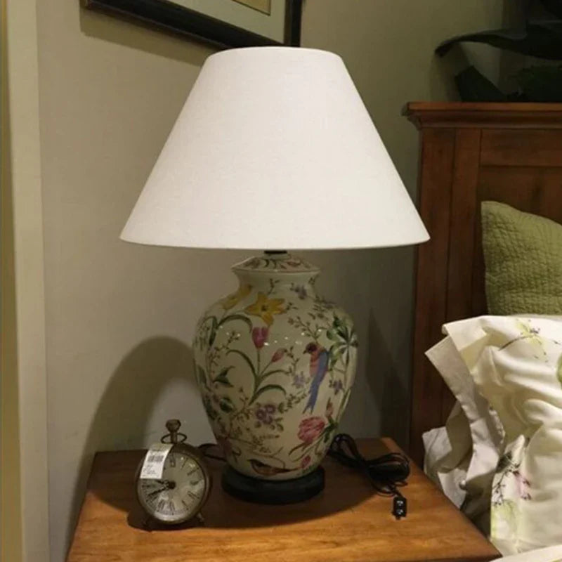 Axyaa Coral Flower and Bird Ceramic Table Lamp with Crack Glaze.