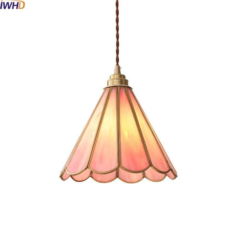 Axyaa Pink Glass LED Pendant Lights - Copper Nordic Hanging Lamp for Bedroom, Dining, and Living Room