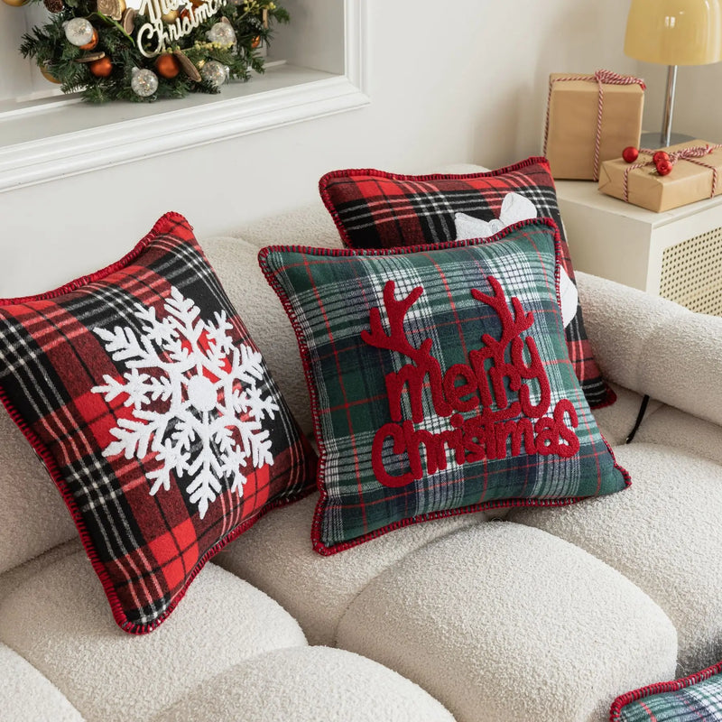 Axyaa Snowflake Jingle Bell Cushion Cover 45x45cm Checkered Christmas Pillow Case