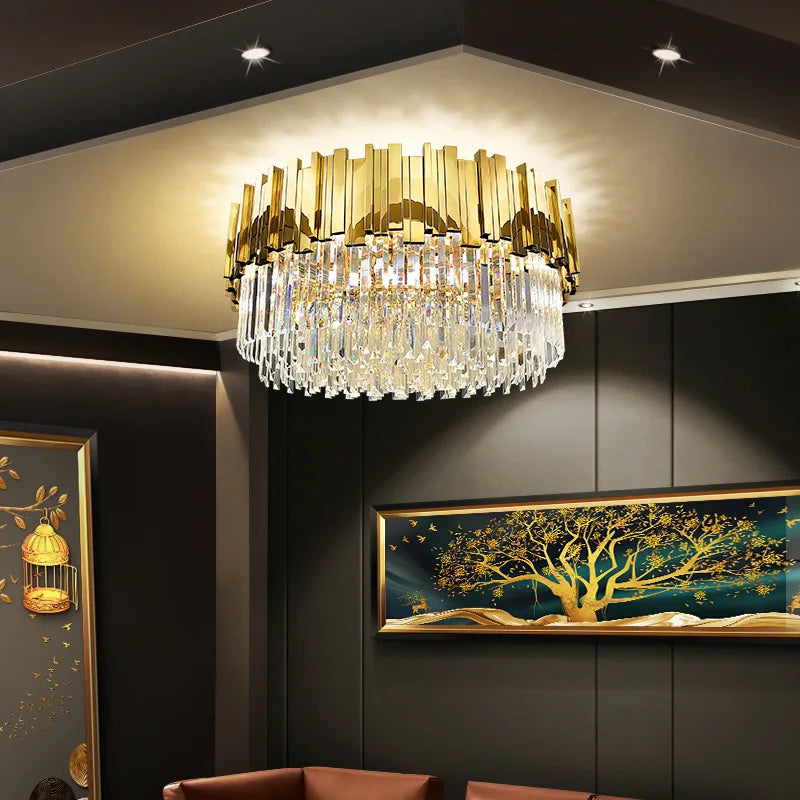 Modern Gold Round Crystal Ceiling Lamp for Living Room by Axyaa.