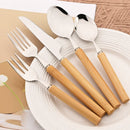 Axyaa Bamboo Handle Flatware Set - 20Pcs Stainless Steel Cutlery Kitchen Gift