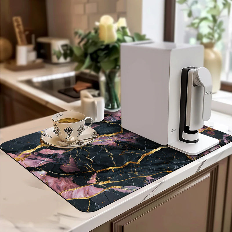 Axyaa Black Marble Kitchen Draining Mat - Absorbent & Anti-slip