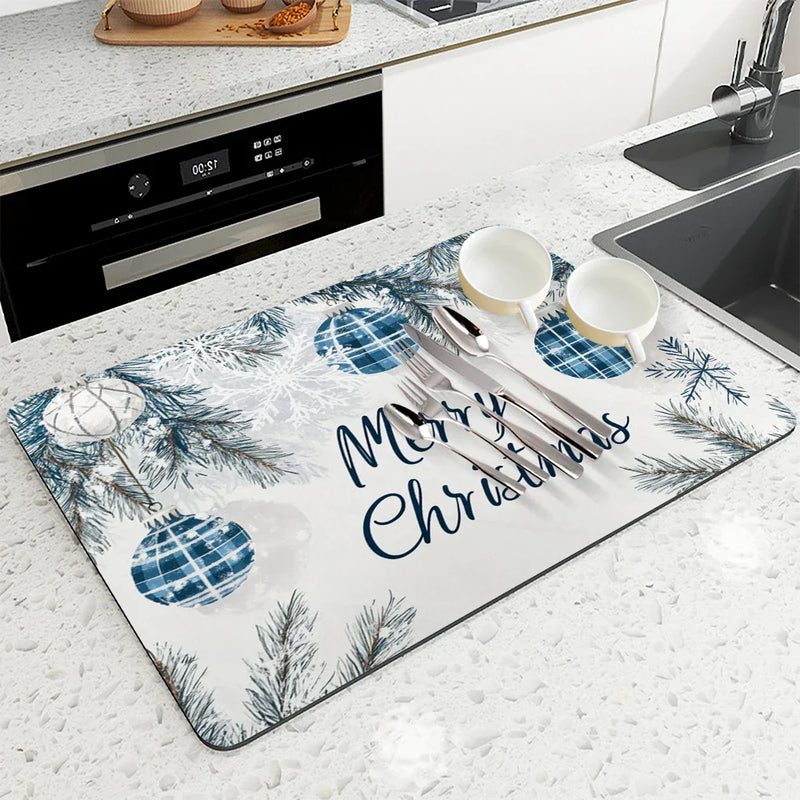 Axyaa Christmas Fir Kitchen Drying Mat - Absorbent Table Cup Placemat