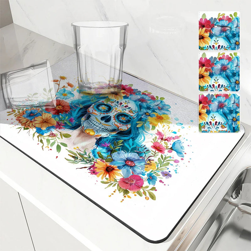 Axyaa Skull Desk Drying Mat: Heat Resistant Non-slip Kitchen Counter Pad