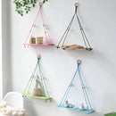 Axyaa Green Wooden Shelf Floating Wall Shelves Hand Woven Boho Living Room Decor