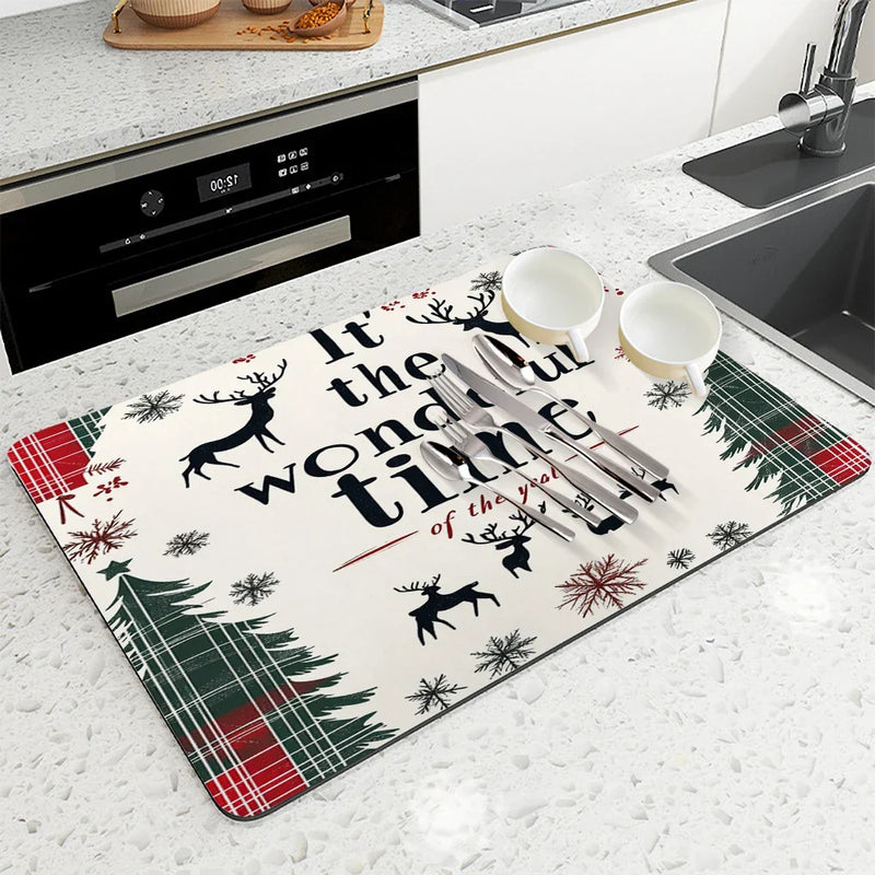 Axyaa Christmas Tree Deer Absorbent Dish Drying Mat