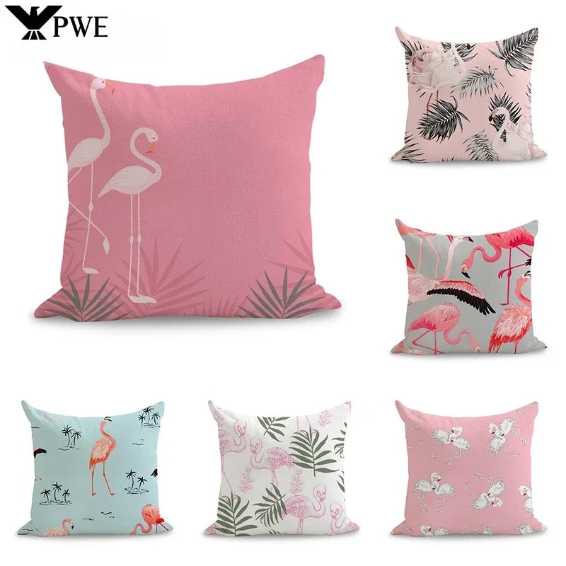 Axyaa Pink Flamingo Linen Cushion Cover: Cute Art Pillow Euro Cover Home Decor 45*45cm