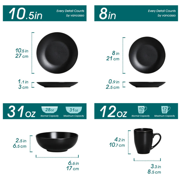 Axya 48-Piece Black Stoneware Dinner Set: Plates, Bowls, Cups - VANCASSO MODA