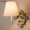 Axyaa Vintage White Wooden Wall Light With Fabric Shade Bedroom Wall Sconce