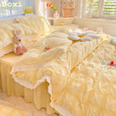 Axyaa Seersucker Ruffle Bedding Set - King/Queen Solid Color Princess Style Cotton Comforter Cover