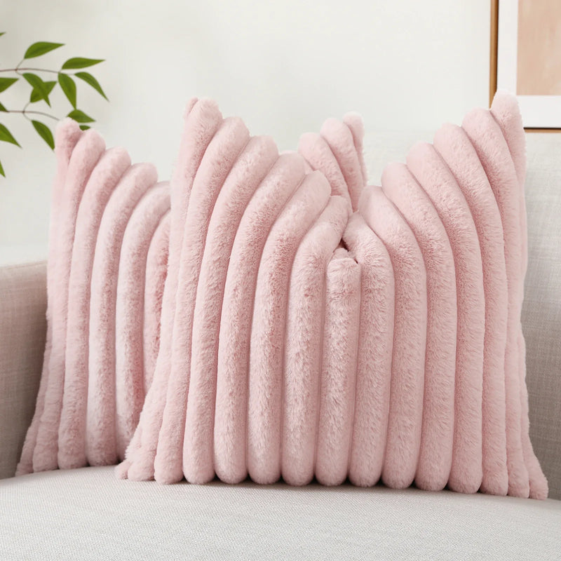 Axyaa 16x16 Faux Fur Striped Pillow Covers 2pcs - Soft Plush Velvet Back