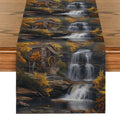 Axyaa Wooden Forest Table Runner: Autumn Scenery River Building Kitchen Dining Decoration