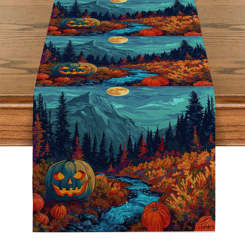 Axyaa Forest Moon Mountain Table Runner: Halloween Party Dining Centerpiece