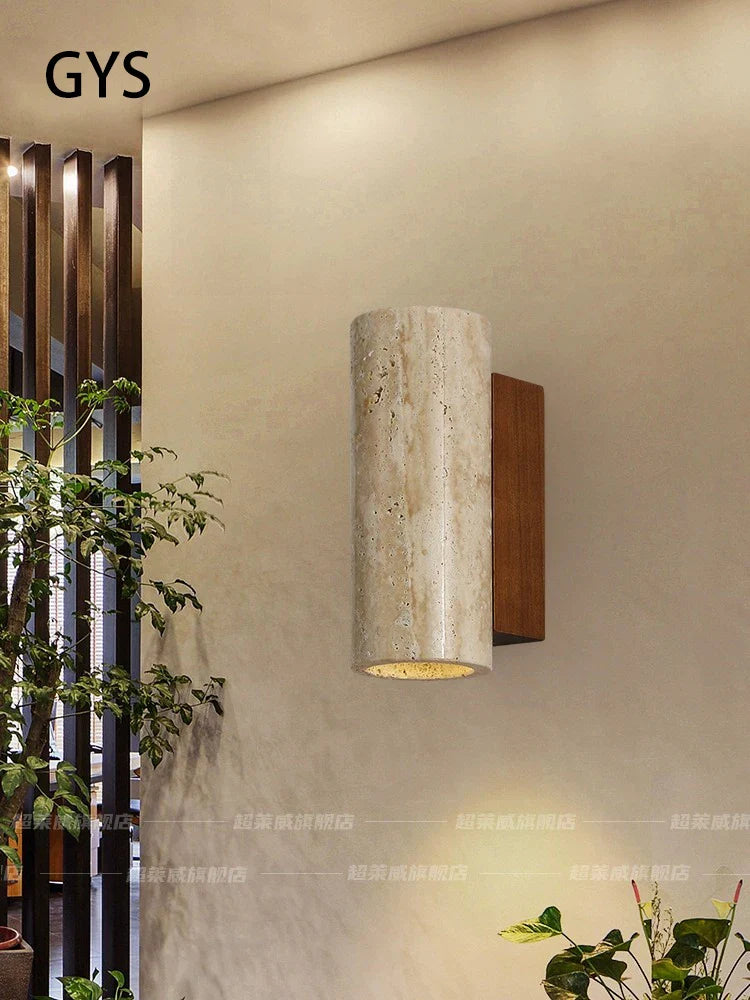 Axya Vintage Yellow Travertine Stone Wall Lamp for Bedroom, E27 Bulb Wood Lights