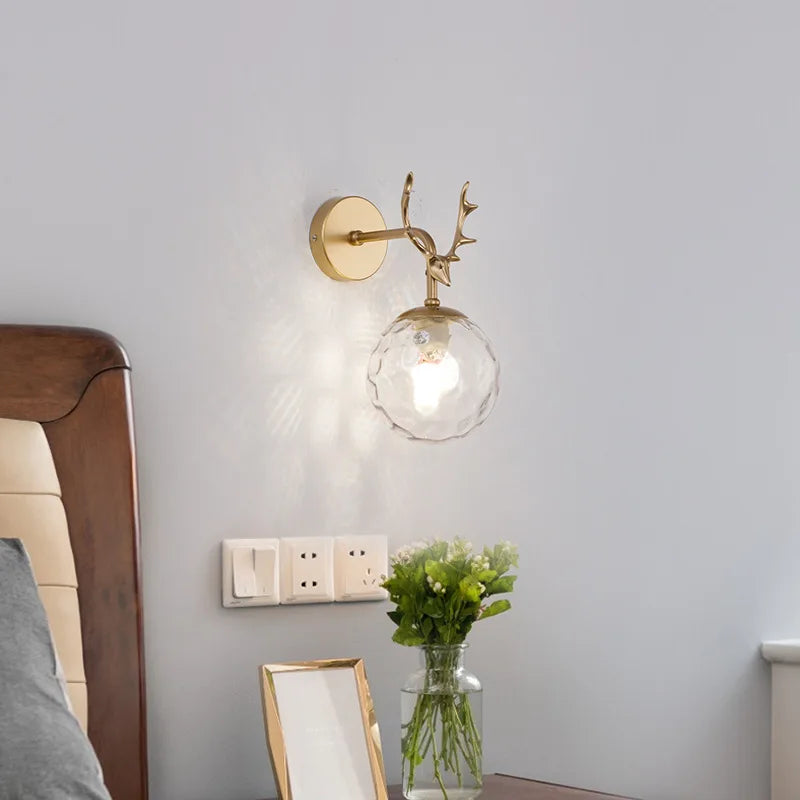 Retro Antlers Glass Ball Wall Lamp for Background Corridor with LED Lighting Night Light
