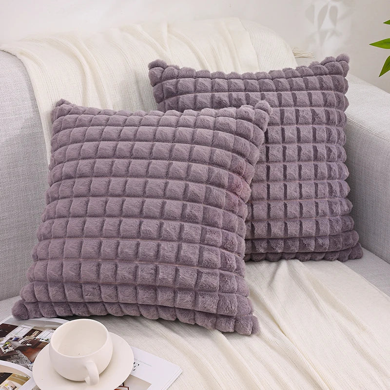 Axyaa Faux Rabbit Fur Plaid Throw Pillow Covers Soft Fluffy Home Decor Case