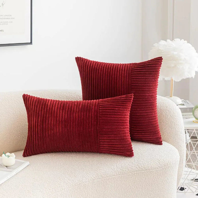 Red Striped Pattern Modern Corduroy Throw Pillow Cover by Axyaa