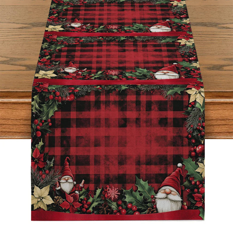 Axyaa Christmas Dwarf Gift Table Runner Holly Poinsettia Farmhouse Decor