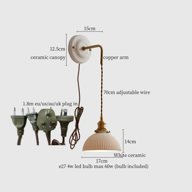 Axyaa Small Pleats Ceramic LED Wall Light Fixture Copper Arm Pull Chain Switch