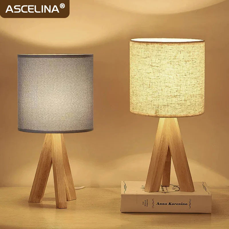 Nordic Wood Table Lamp with Beige Fabric Shade - Axyaa Home Decor