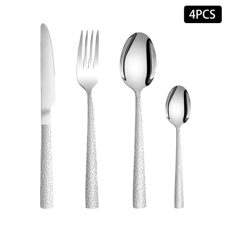 Axyaa 24pcs Stainless Steel Cutlery Set with Square Handle, Snakeskin Design