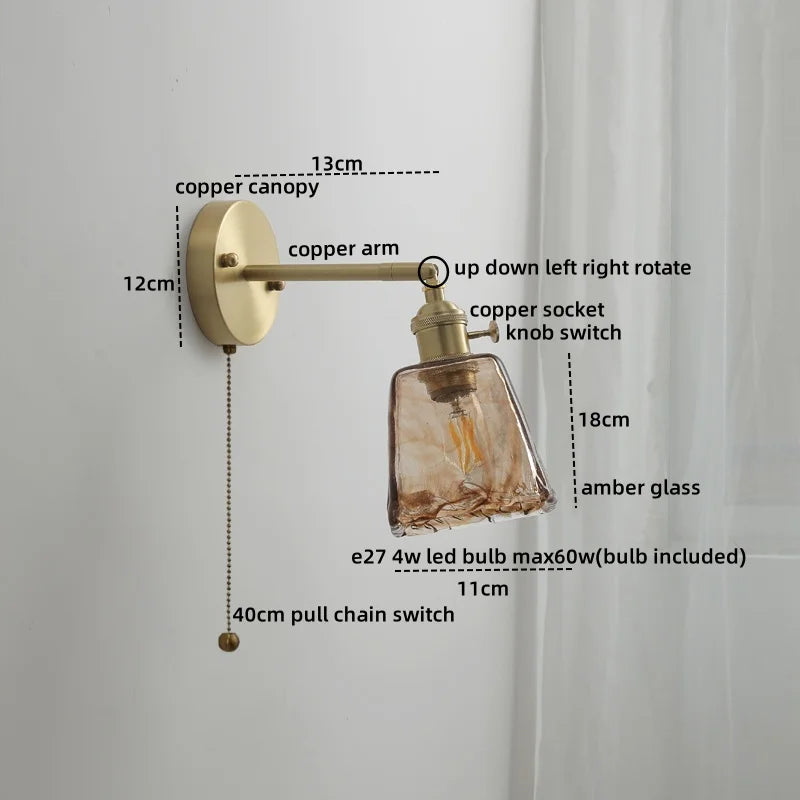 Axyaa Glass Copper LED Wall Lamp with Knob Switch for Modern Home Decor