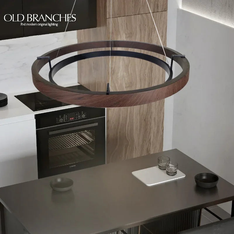 Axyaa Wood Grain Chandelier: Minimalist Round Hanging Light Fixture for Living Room