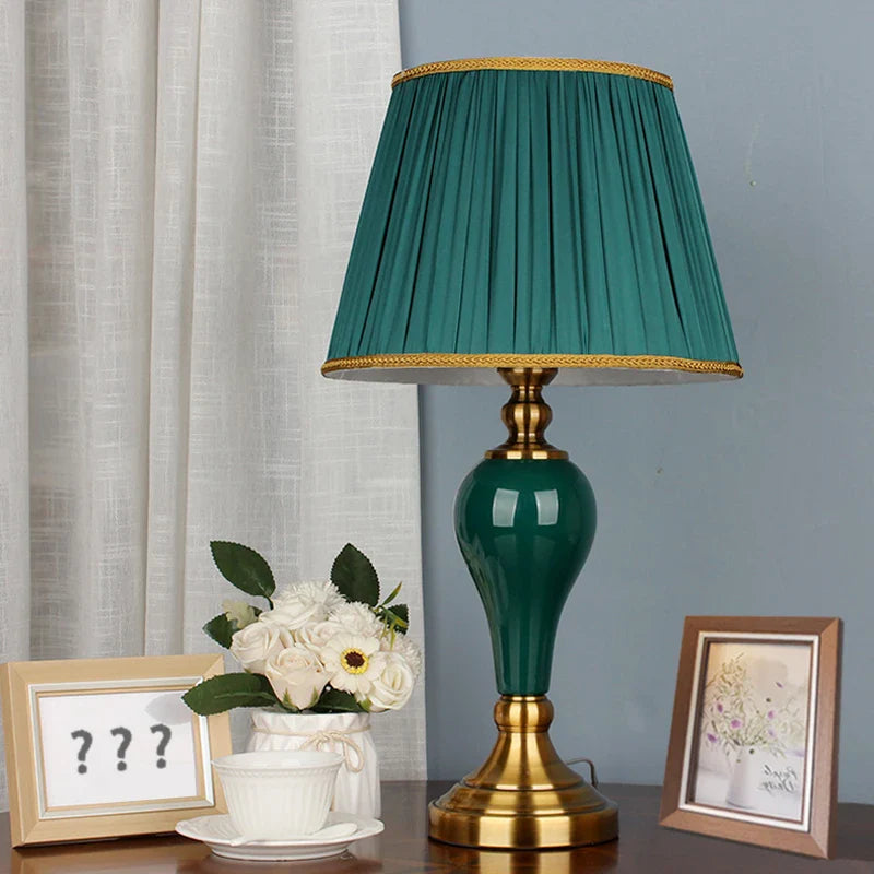 Axya Green Ceramic Table Lamp with European Cloth Cover