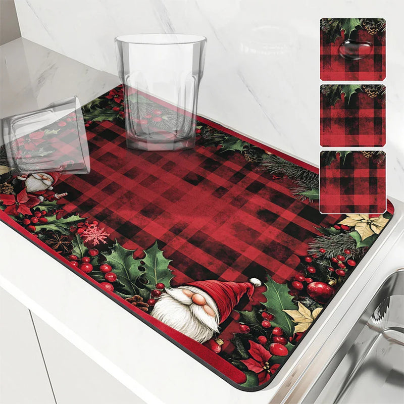 Christmas Dwarf Gift Poinsettia Drying Mat by Axyaa - Non-Slip Absorbent Kitchen Mat