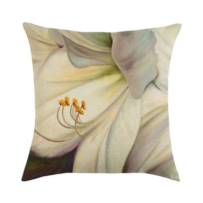 Vintage European Lily Oil Painting Linen Cushion Cover by Axyaa - 45X45CM