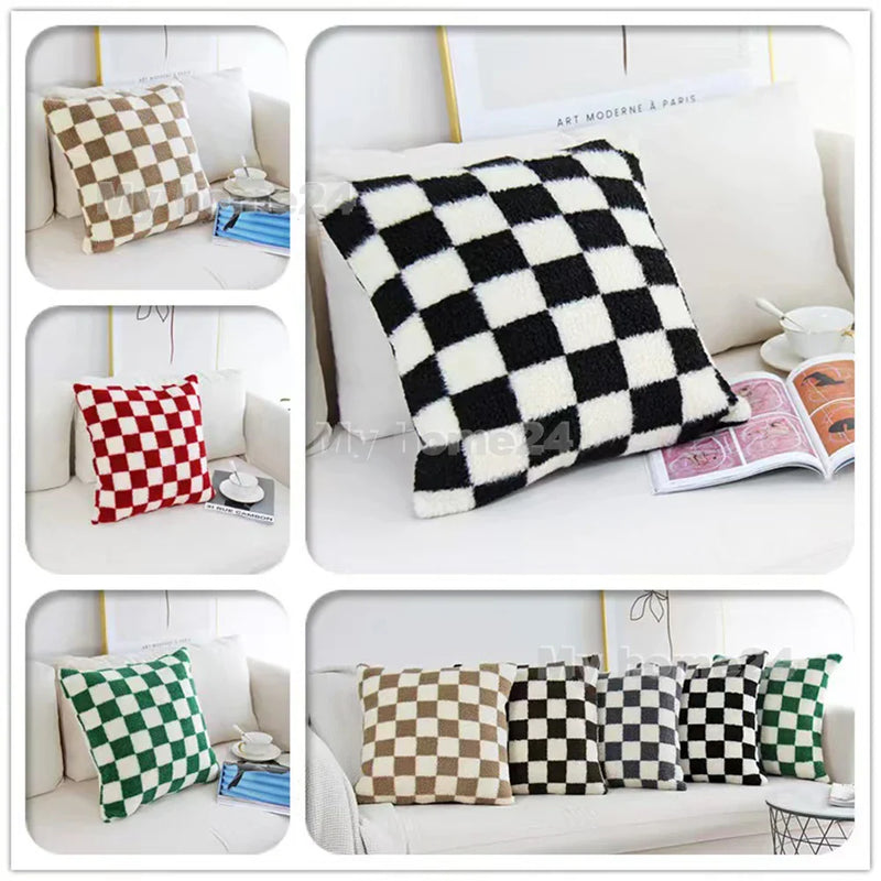 Axyaa Checkerboard Plaid Knit Plush Pillow Cover for Car Sofa, 45*45cm, 50*50cm