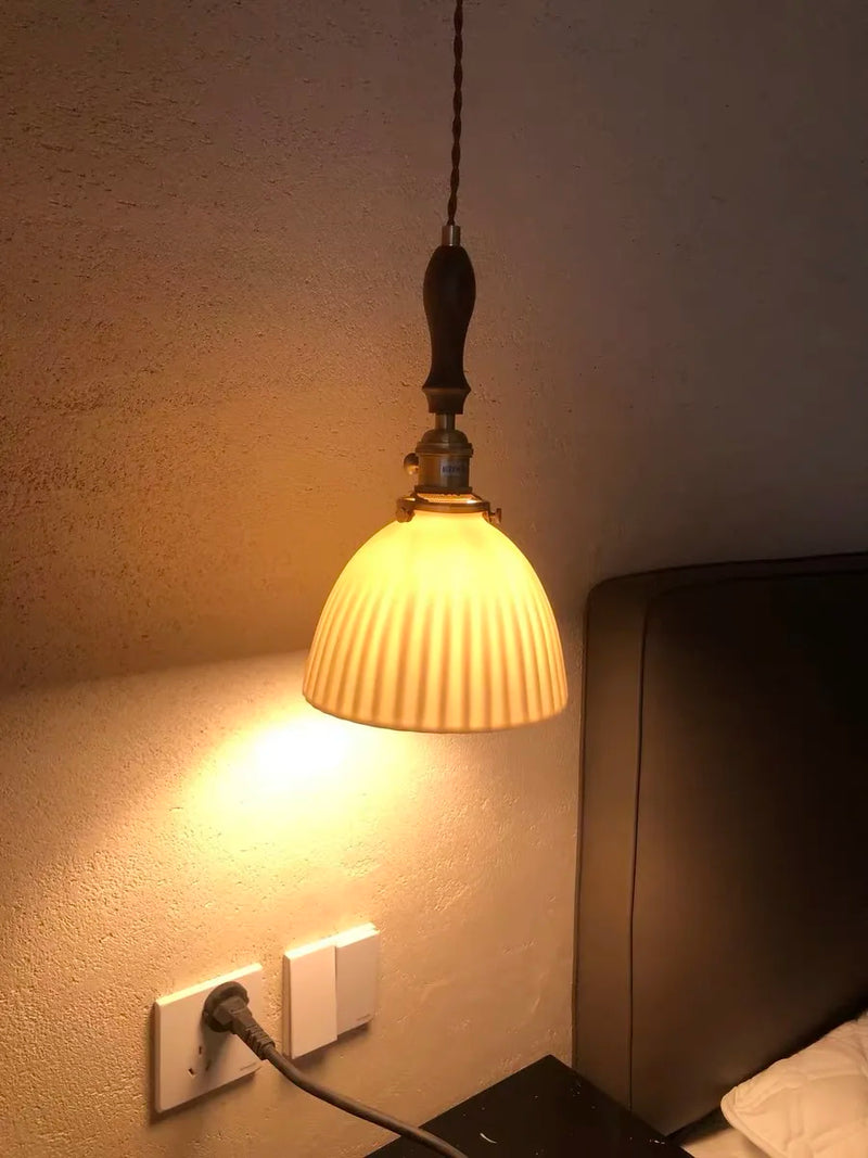 Axyaa White Ceramic LED Pendant Light with Wood Handle - Bedroom Living Room Lamp