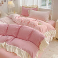 Axyaa Pink Checkered Lace Duvet Set: 1 Duvet, 2 Pillowcases, Bed Sheet.