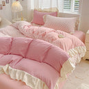 Axyaa Pink Checkered Lace Duvet Set: 1 Duvet, 2 Pillowcases, Bed Sheet.