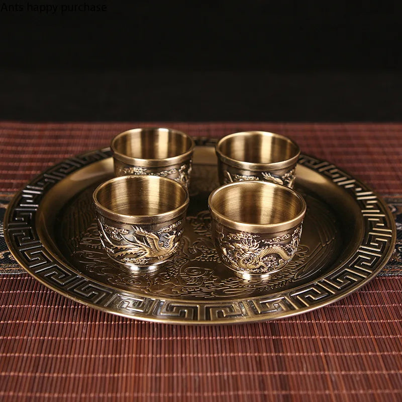 Axya Dragon Phoenix Metal Tea Set Tray 6 Teacup Teapot Teaware Utensils