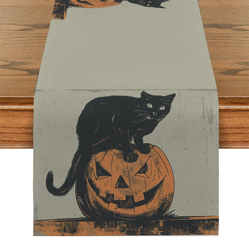 Axyaa Halloween Cat Pumpkin Head Table Runner