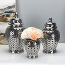 Axyaa Silvery Ceramic Hollow Out Storage Jar - Room Decor Bud Vase