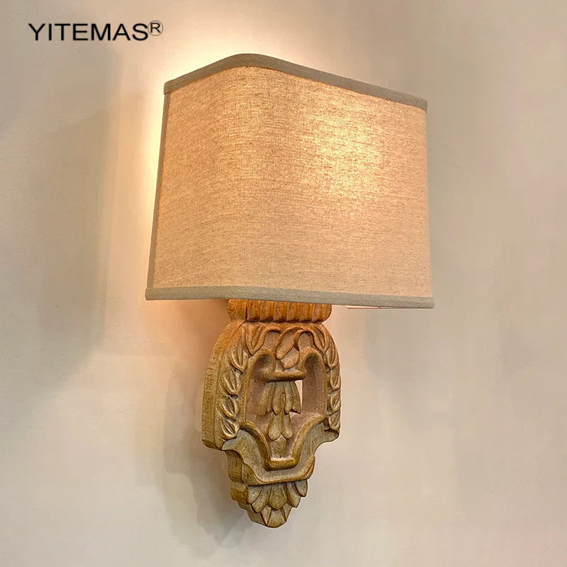 Axyaa Retro Wooden Wall Sconce with Fabric Shade for Bedroom and Living Room
