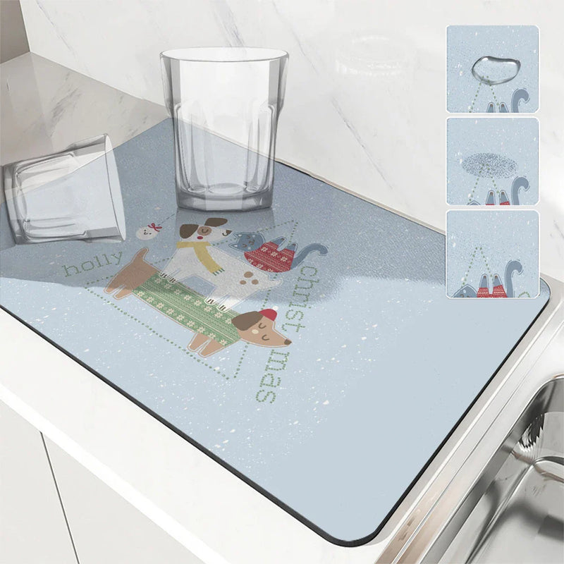 Axyaa Diatom Mud Kitchen Drain Pads, Festive Cartoon Design, Absorbent Tableware Mat
