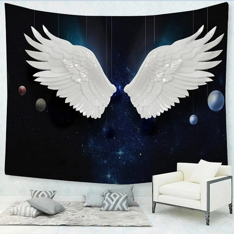 Axyaa Angel Wings Tapestry: Black & White Boho Trippy Hippie Wall Hanging