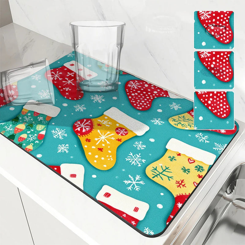 Christmas Gloves Snowflake Drying Mat by Axyaa: Non-Slip Absorbent Table Mat